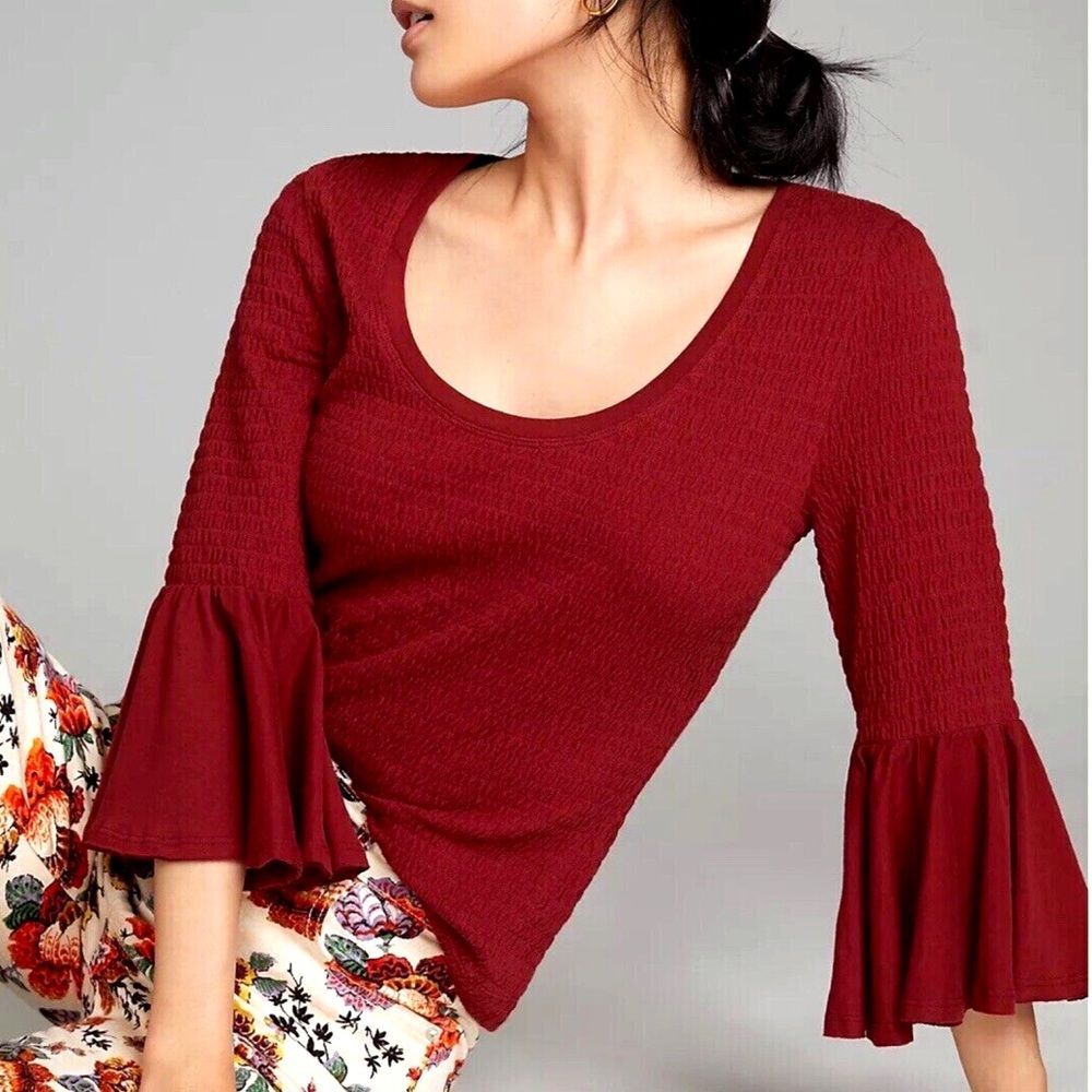 Anthropologie Rust Red Smocked Ruffle Bell Sleeve Top Size M Cotton Stretch